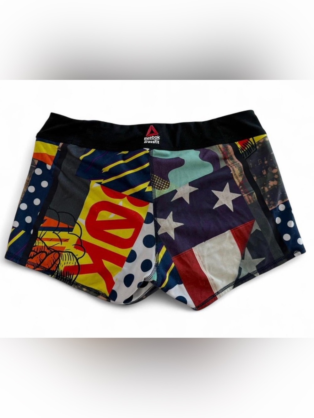 Reebok Black Red CrossFit Logo Shorts with Multicolor Pattern.